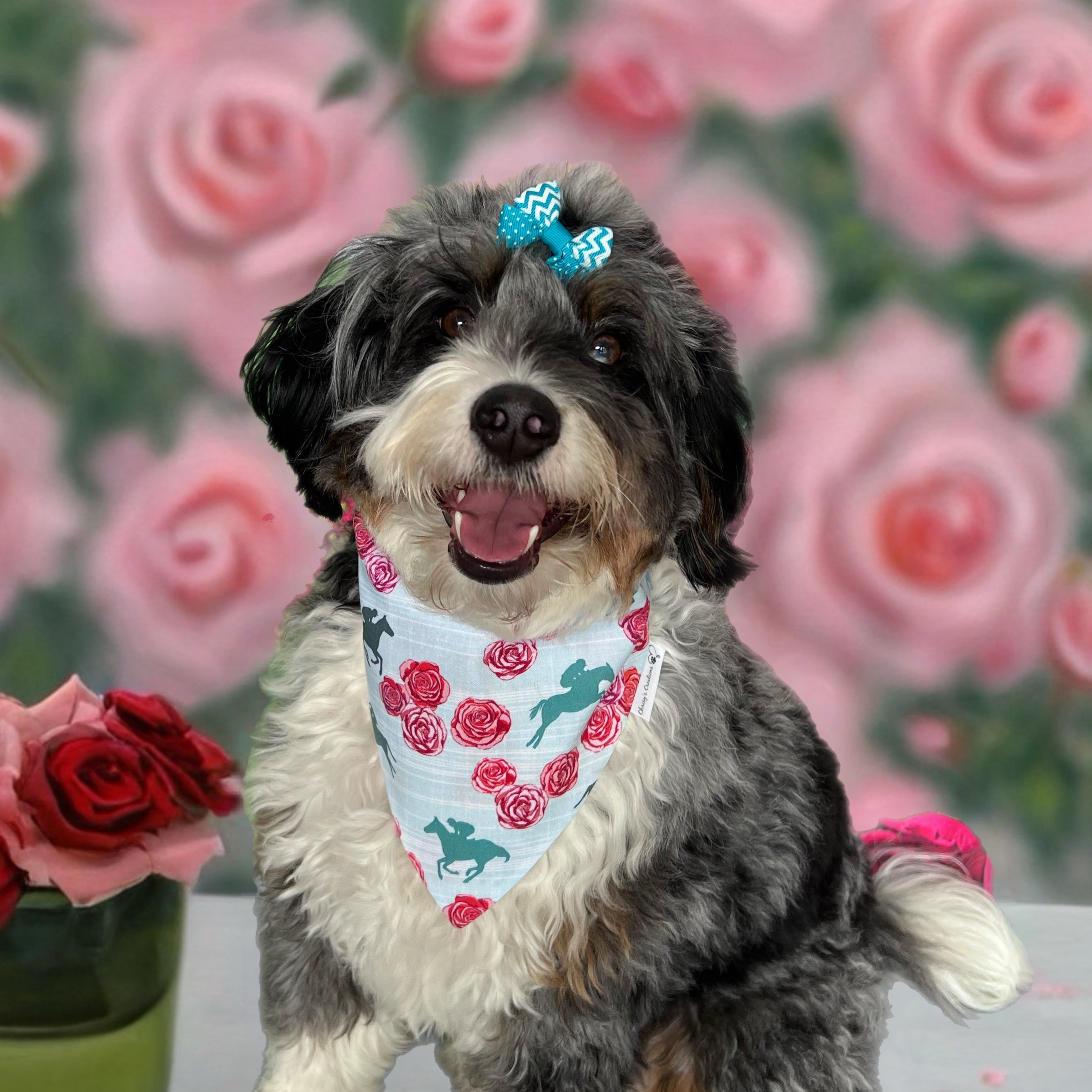 Derby Run for Roses Horse Racing Teal Dog Bandana: Scrunchie Kentucky