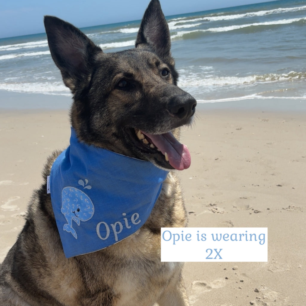 Sand and Sea Baby Whale Applique Dog Bandana: Scrunchie, Embroidered Beach Personalized Blue