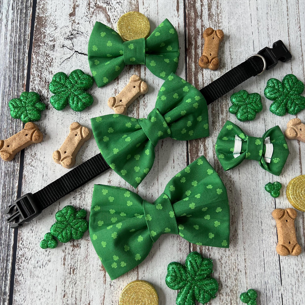 St. Patrick Green Four Leaf Clover Over the Collar Bow Tie