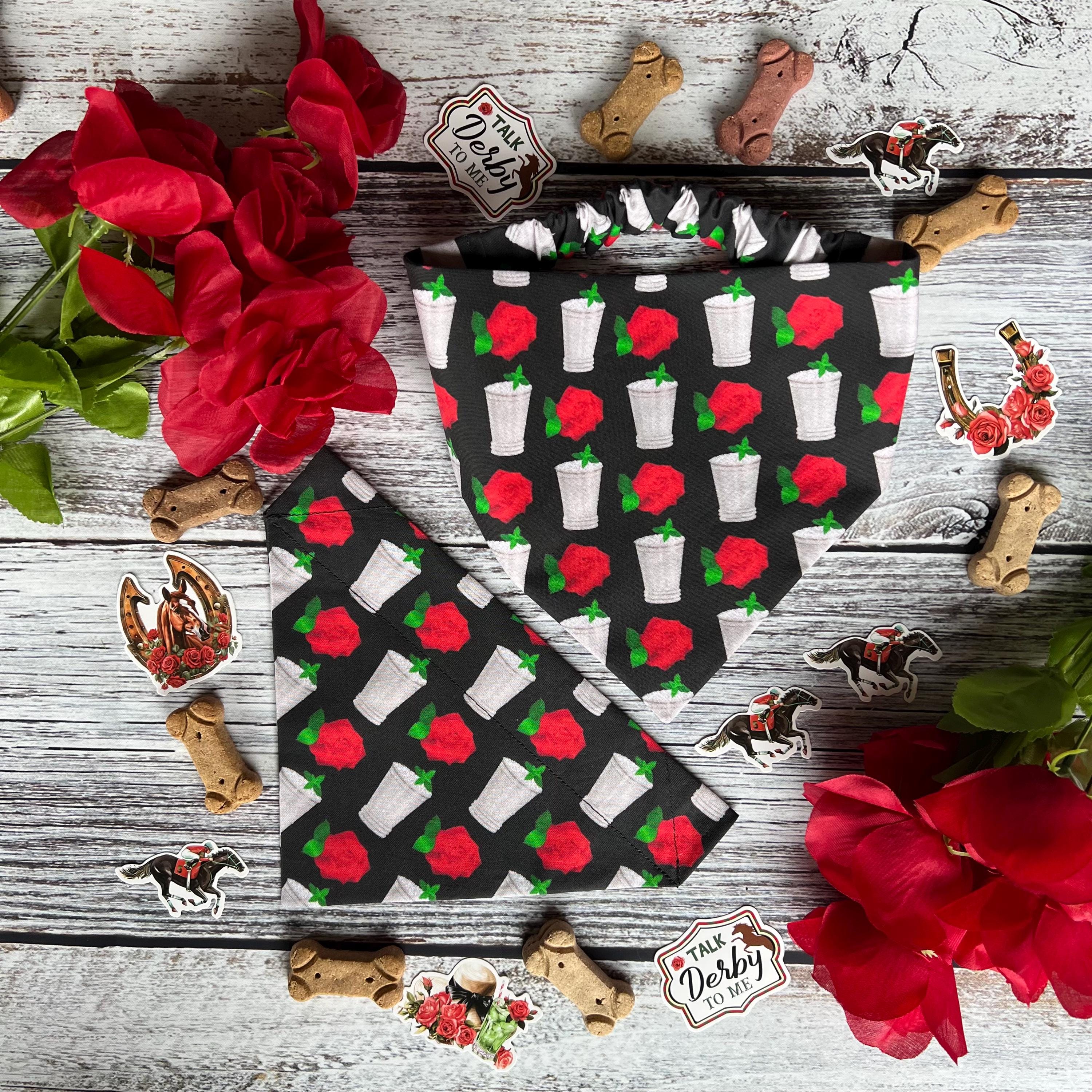 Derby Mint Juleps and Roses Black Dog Bandana Over the Collar Scrunchie Kentucky