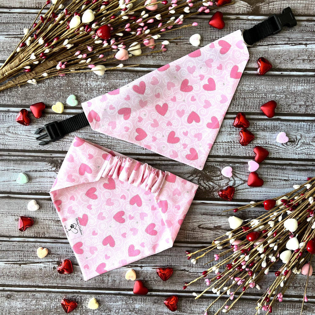 Valentine Pink Hearts Glitter Dog Bandana: Over the Collar or Scrunchie Style