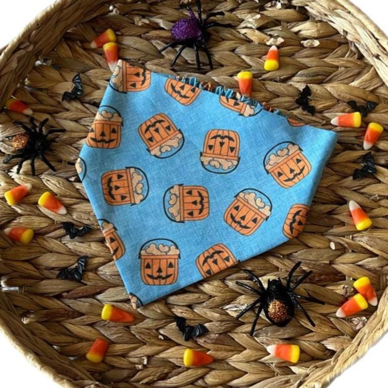 Halloween Dog Bandana: Pumpkin & Bones Over-the-Collar or Scrunchie