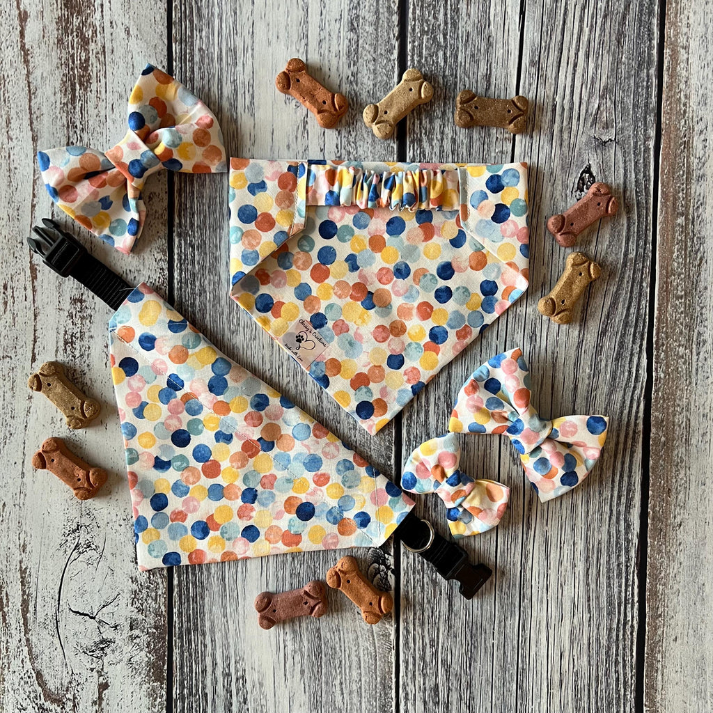 Birthday Confetti Dog Bandana: Over the Collar, Bow Tie & Scrunchie