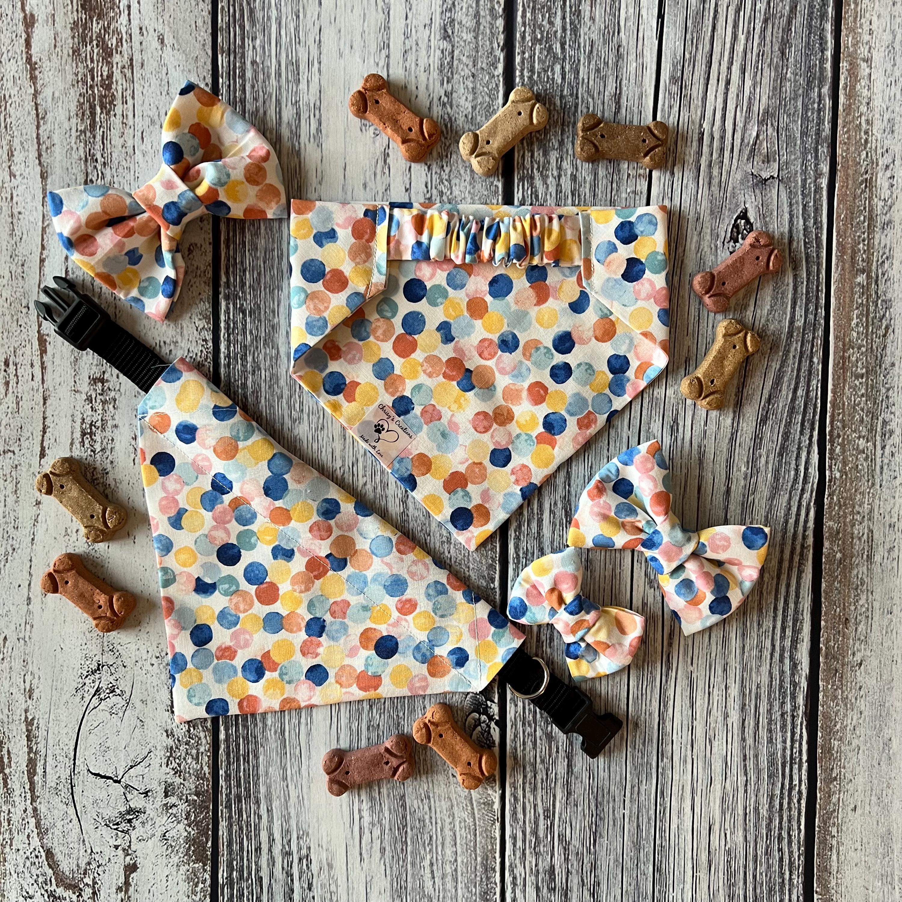 Birthday Confetti Dog Bandana: Over the Collar, Bow Tie & Scrunchie
