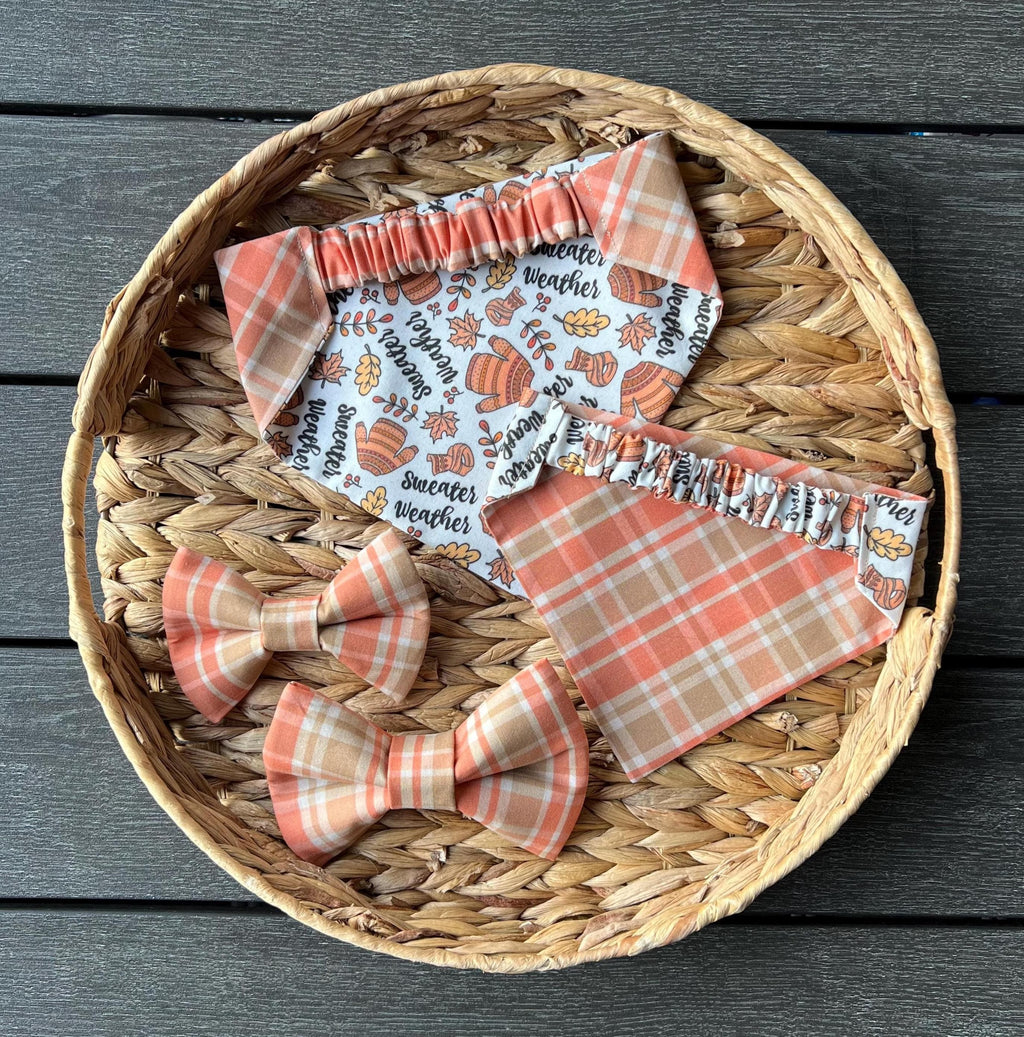 Fall Dog Bandana Sweater Weather Plaid Reversible Scrunchie Bandana Bow Tie Orange Tan Autumn