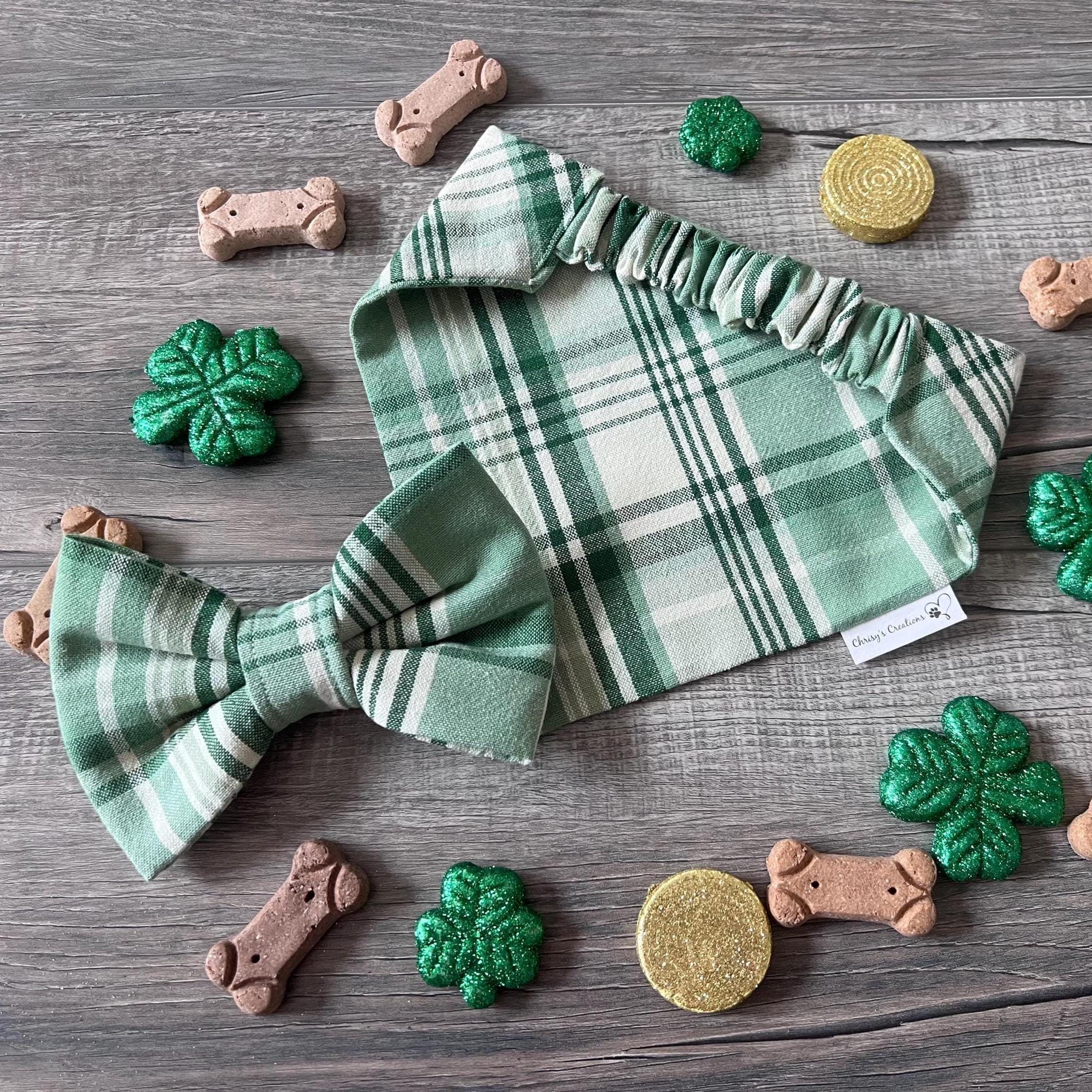St Patrick's Plaid Dog Bandana: Scrunchie and Over-the-Collar Bow Tie Green Plaid