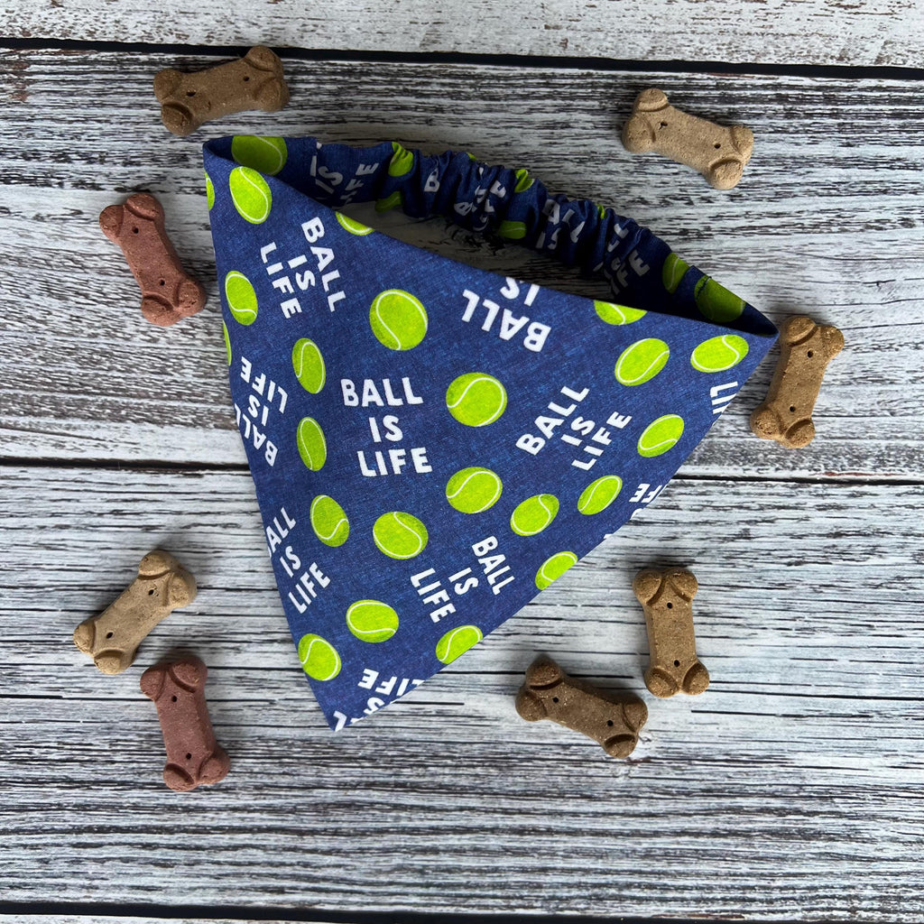 Tennis Ball Dog Bandana: Over the Collar & Scrunchie, Pink or Navy, Ball is Life