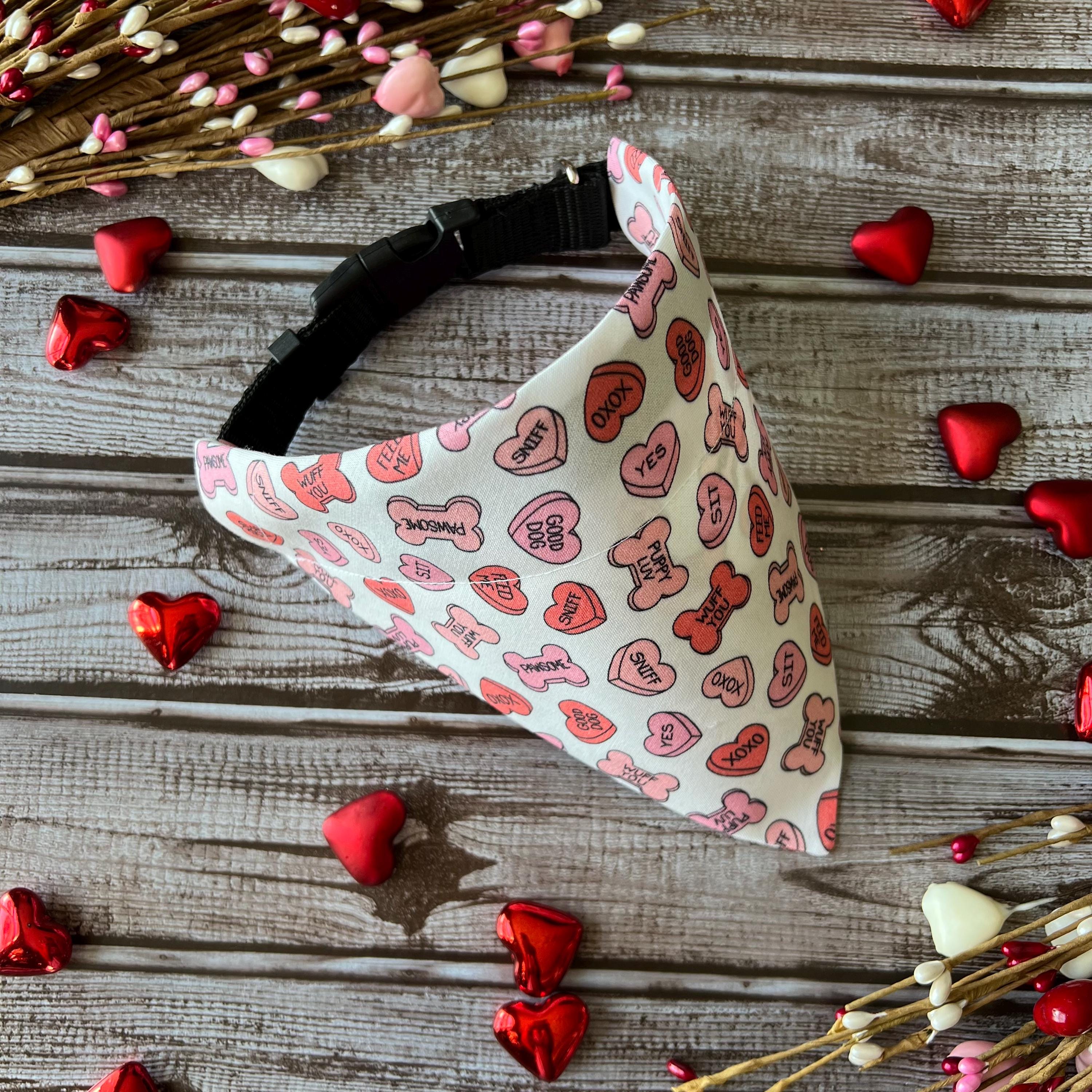 Conversation Hearts and Bones Dog Bandana Over the Collar Bandana Scrunchie Bandana Valentine