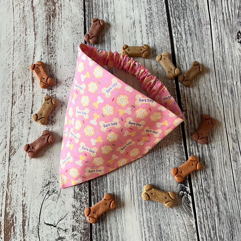 Birthday Bark Day Pink Dog Bandana Over the Collar Scrunchie Bandana Sprinkle Cookie Bones Candles