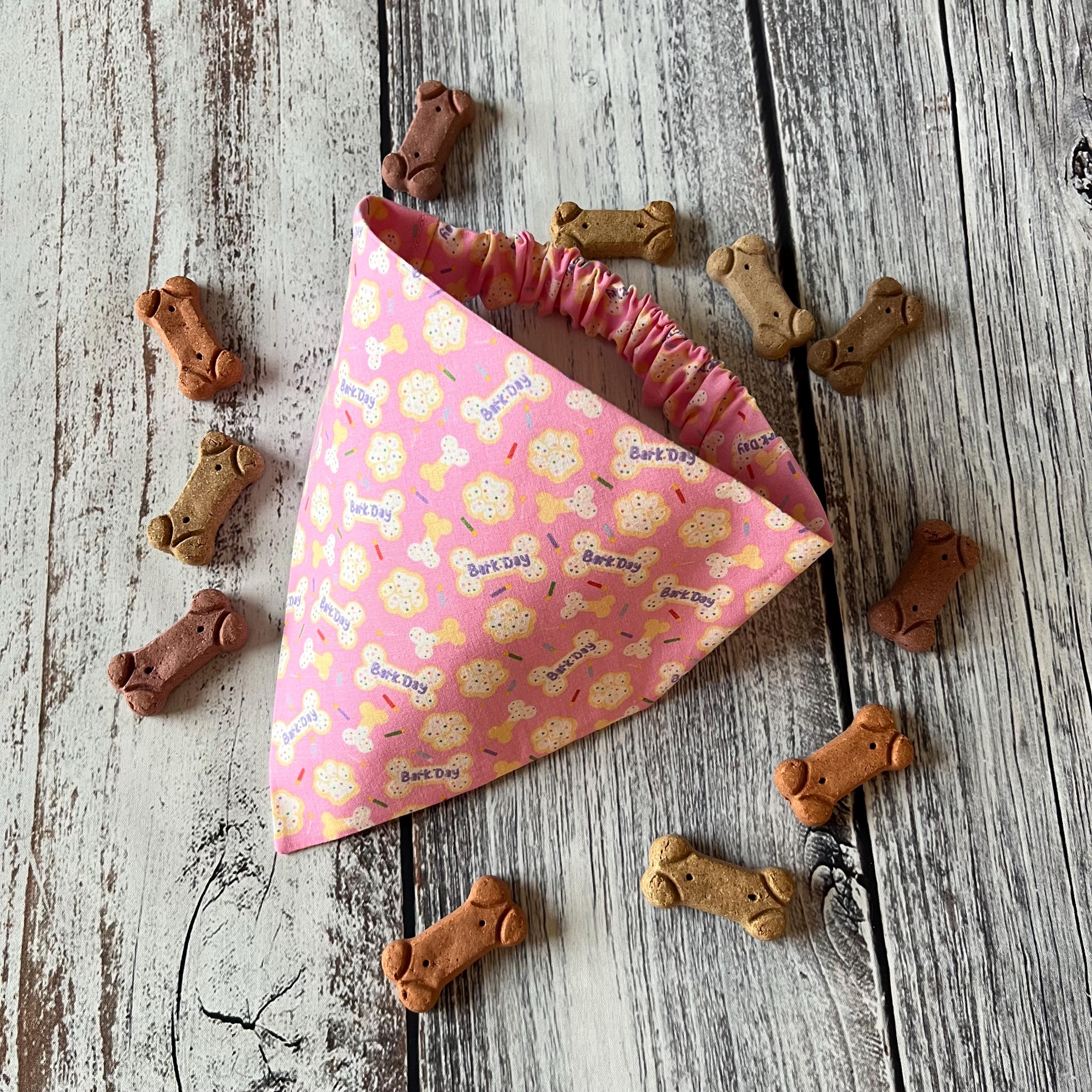 Birthday Bark Day Pink Dog Bandana Over the Collar Scrunchie Bandana Sprinkle Cookie Bones Candles