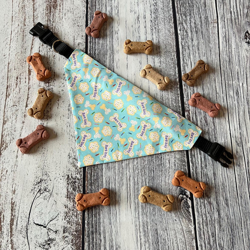 Birthday Dog Bandana: Aqua Blue Sprinkle Cookie, Bones, Candles, Over the Collar & Scrunchie