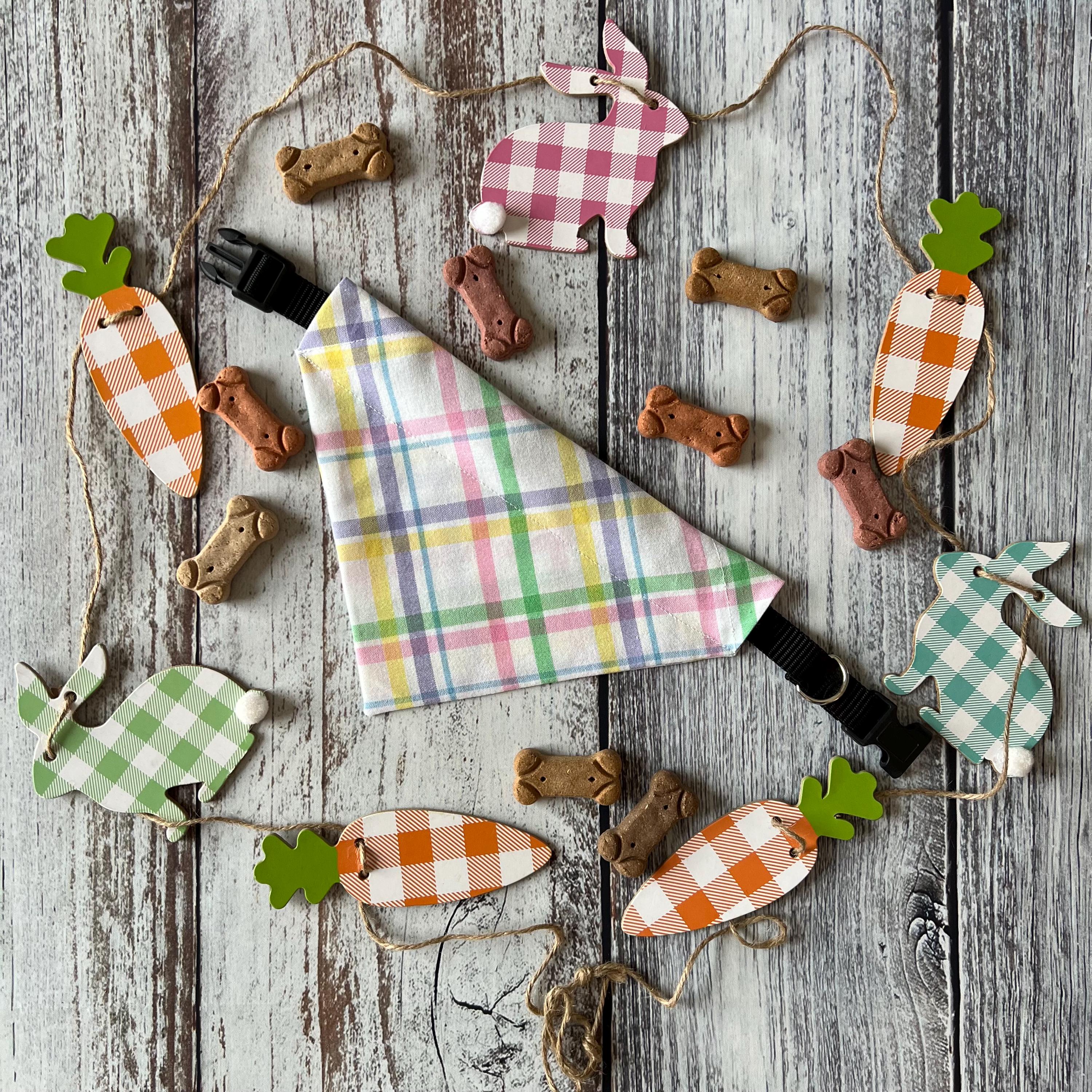 Easter Plaid Pastel Dog Bandana Over the Collar, Bow Tie, Scrunchie Bandana, Pink Purple Mint Green Yellow Blue