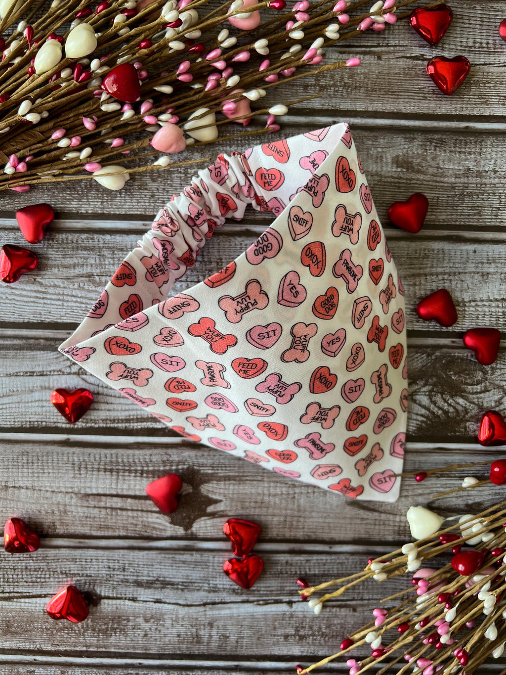 Conversation Hearts and Bones Dog Bandana Over the Collar Bandana Scrunchie Bandana Valentine