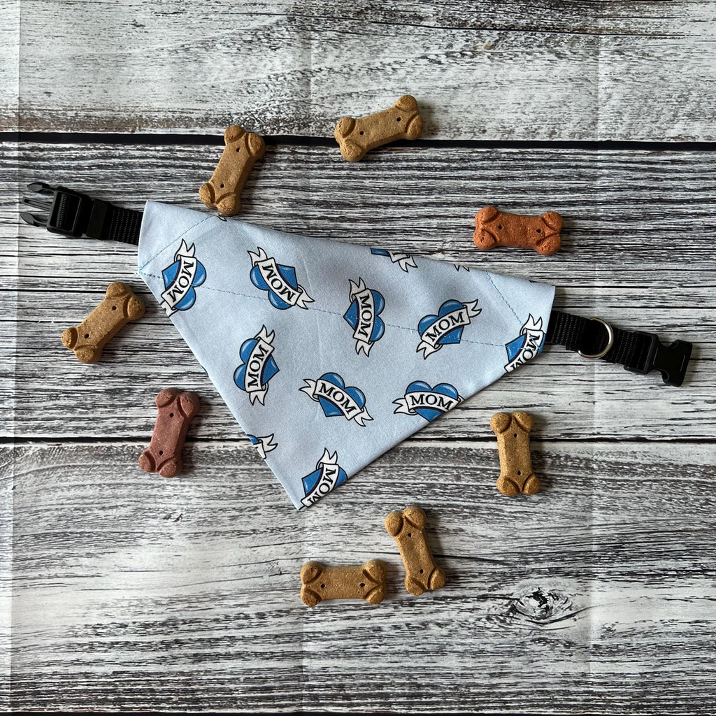 Mom Heart Tattoo Blue Hearts Dog Bandana Over the Collar Scrunchie Mother's Day Mom