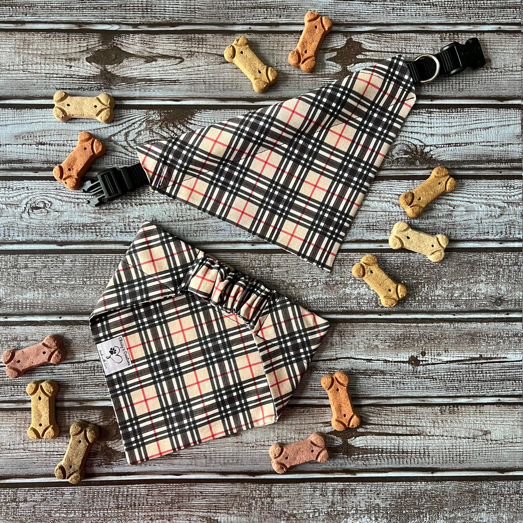 Luxe Couture Furberry Tartan Plaid Dog Bandana Bow Tie: Over the Collar & Scrunchie