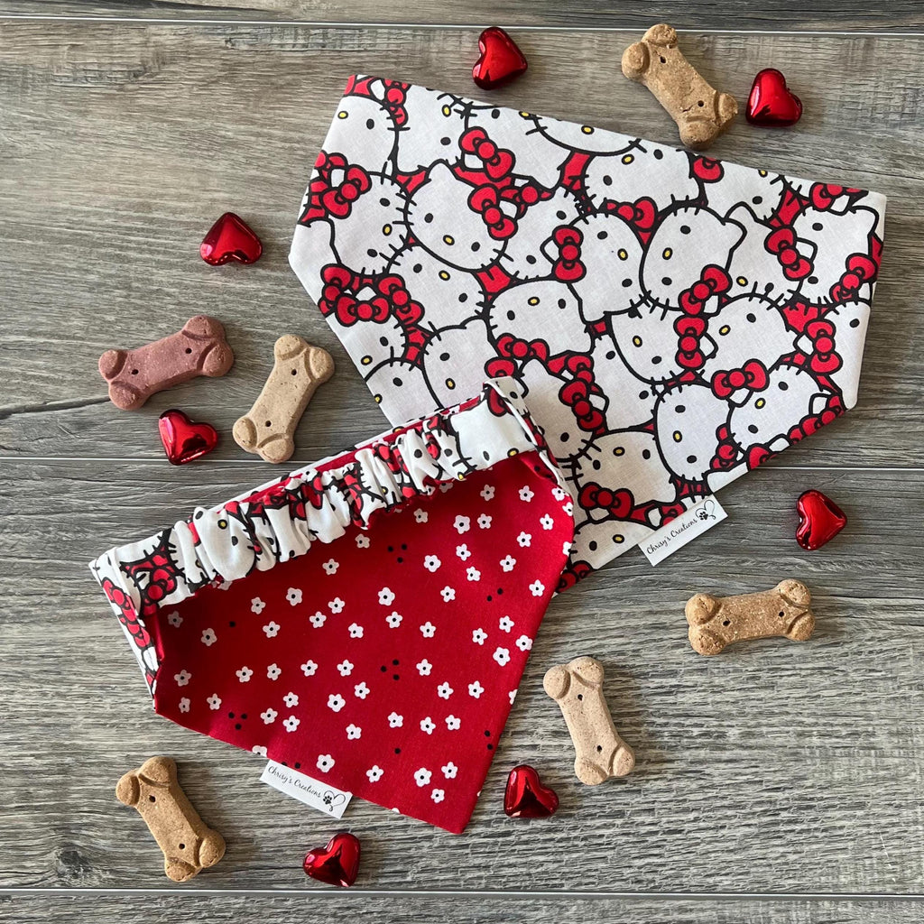 Hello Kitty Blossom Dog Bandana; Scrunchie Reversible Red White