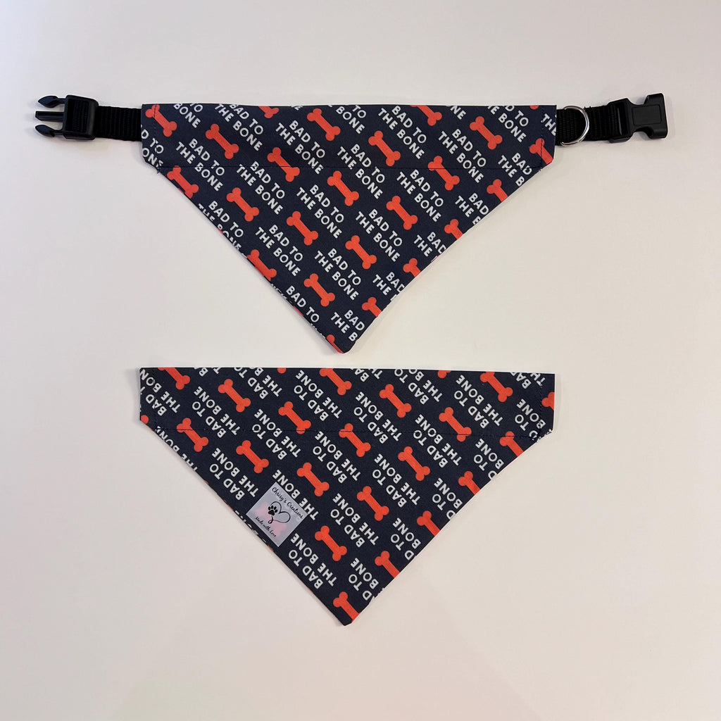 Bad to the Bone Dog Bandana: Navy & Orange Over the Collar