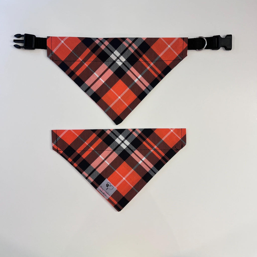 Plaid Fall Dog Bandana: Orange, Black Tartan Over the Collar
