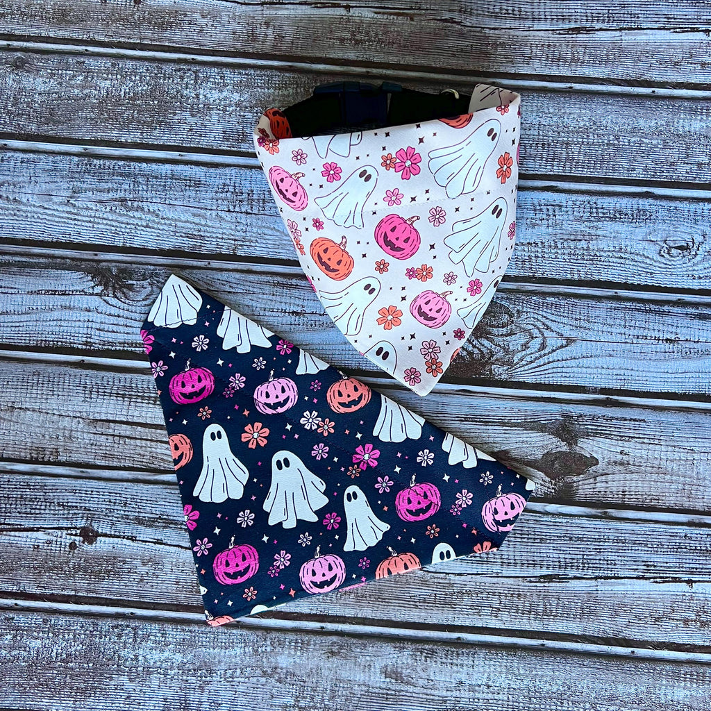 Halloween Dog Bandana, Pink Black Ghosts Pumpkins, Over the Collar