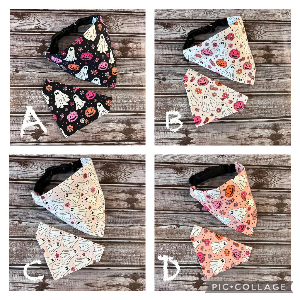 Halloween Dog Bandana, Pink Black Ghosts Pumpkins, Over the Collar