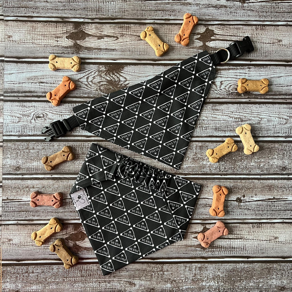 Luxe Couture Pawda Dog Bandana: Over the Collar, Scrunchie, Bow Tie Black White Paw (Copy)