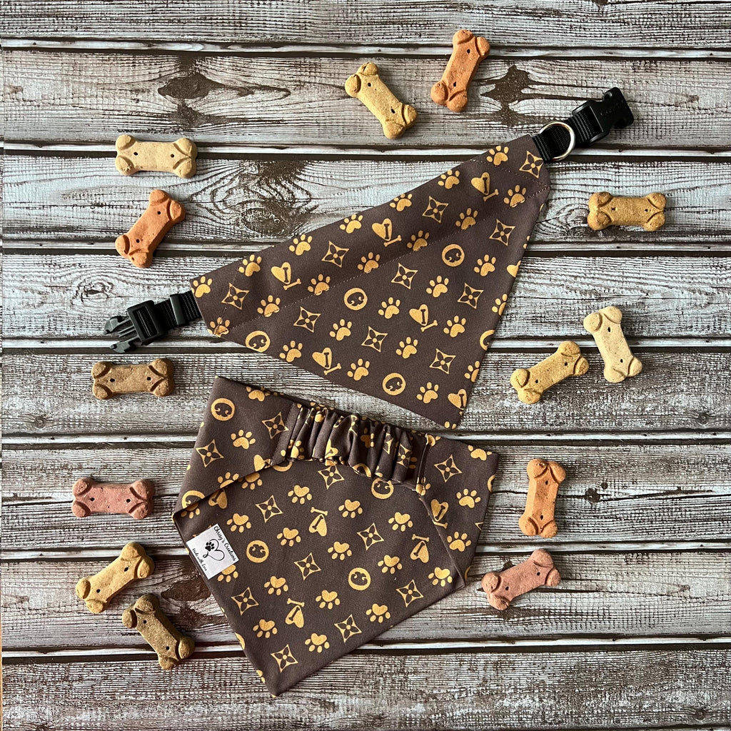 Luxe Couture Louis Dog Bandana: Over the Collar Scrunchie Bandana Brown and Tan (large print)
