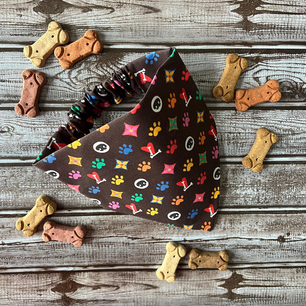 Luxe Couture Louis Dog Bandana: Over the Collar and Scrunchie Large Print Multi Color
