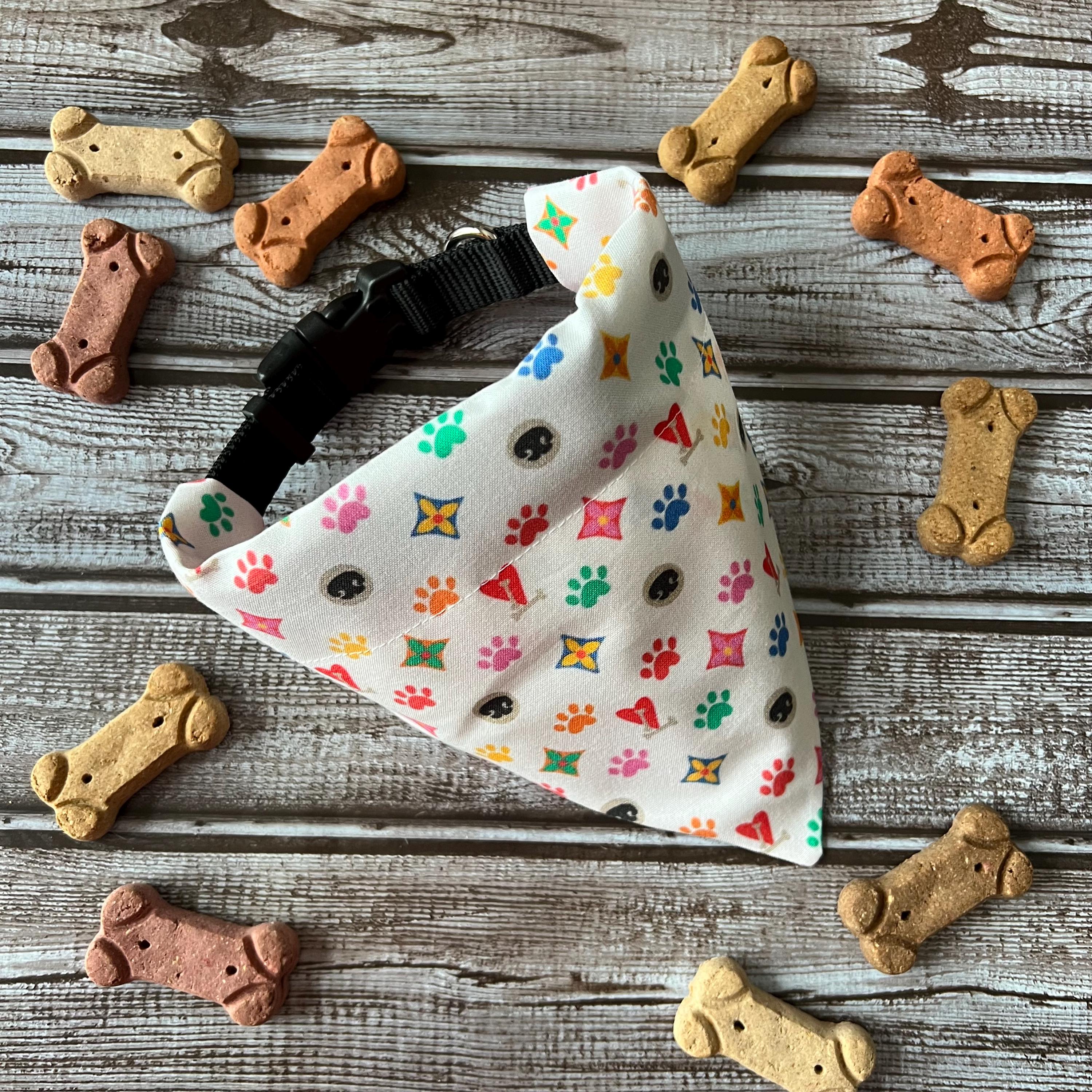 Luxe Couture Louis Dog Bandana:  Over the Collar and Scrunchie Multi Color Small Print White