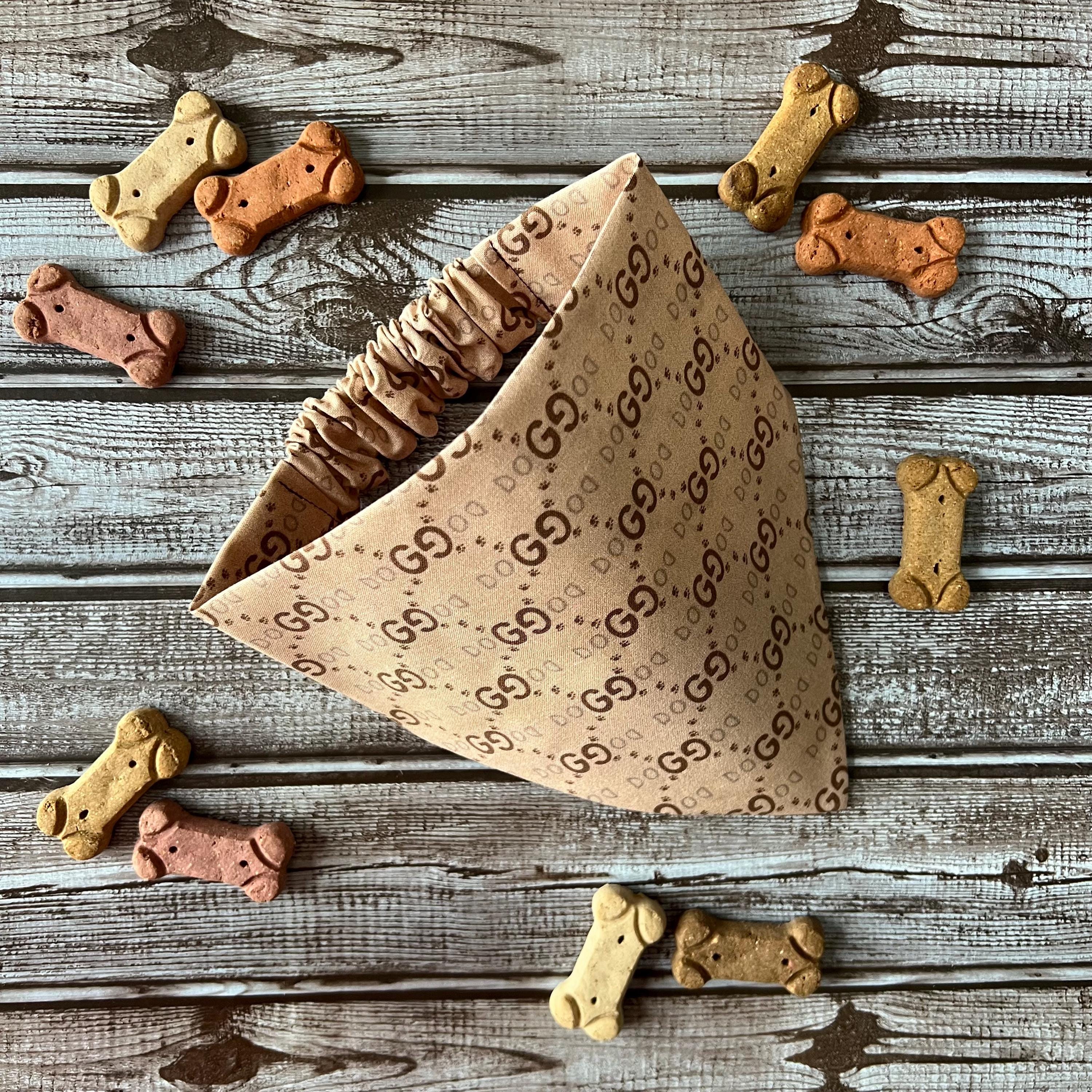 Luxe Couture GG Dog Bandana: Tan and Brown Over Collar or Scrunchie