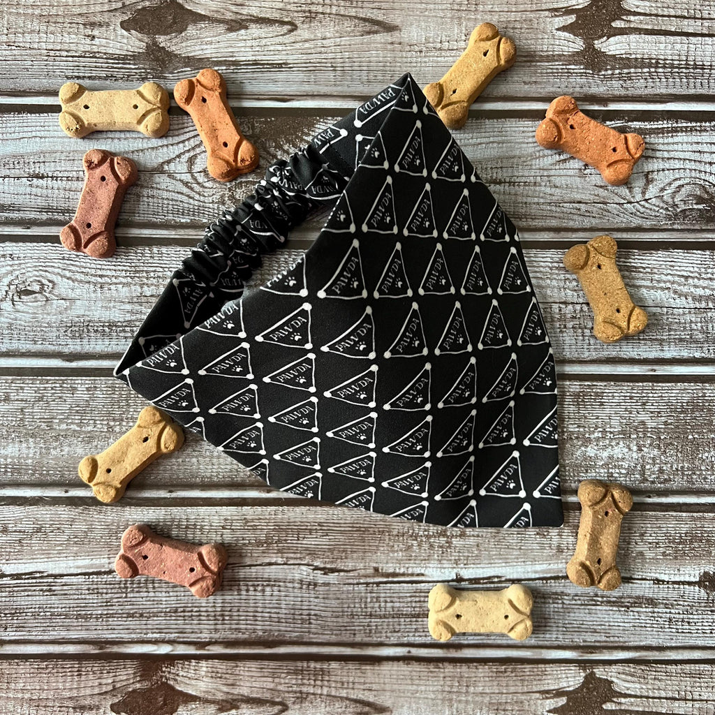 Luxe Couture Pawda Dog Bandana: Over the Collar, Scrunchie, Bow Tie Black White Paw (Copy)