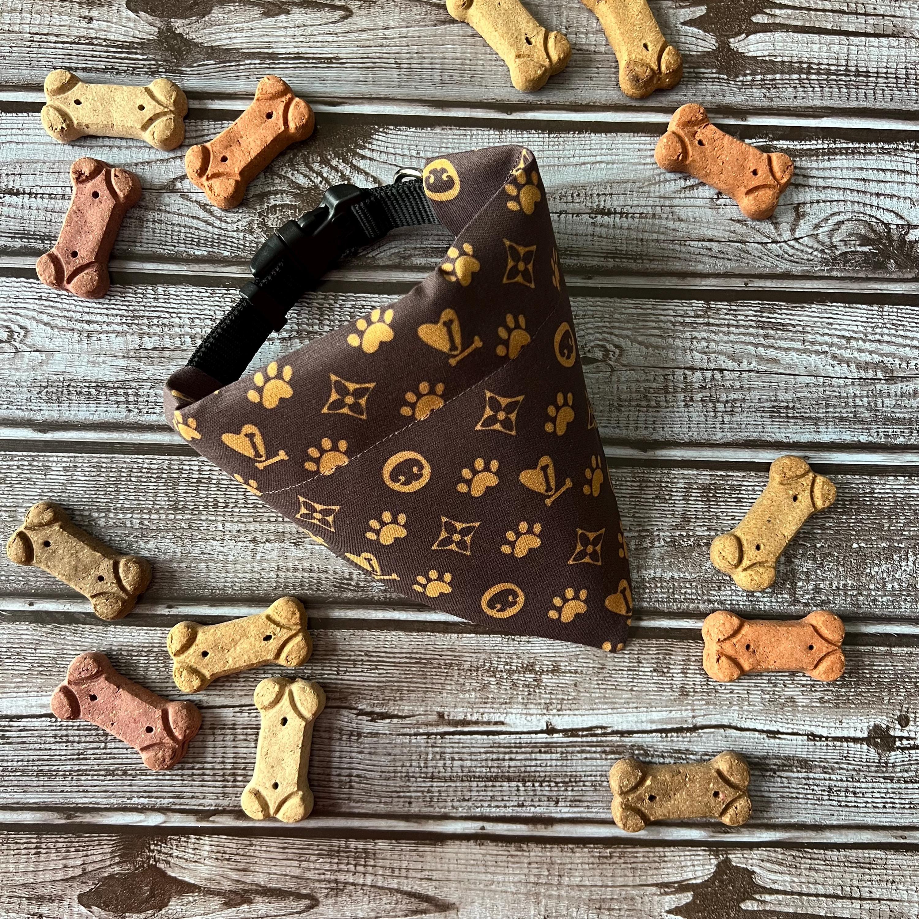 Luxe Couture Louis Dog Bandana: Over the Collar Scrunchie Bandana Brown and Tan (large print)