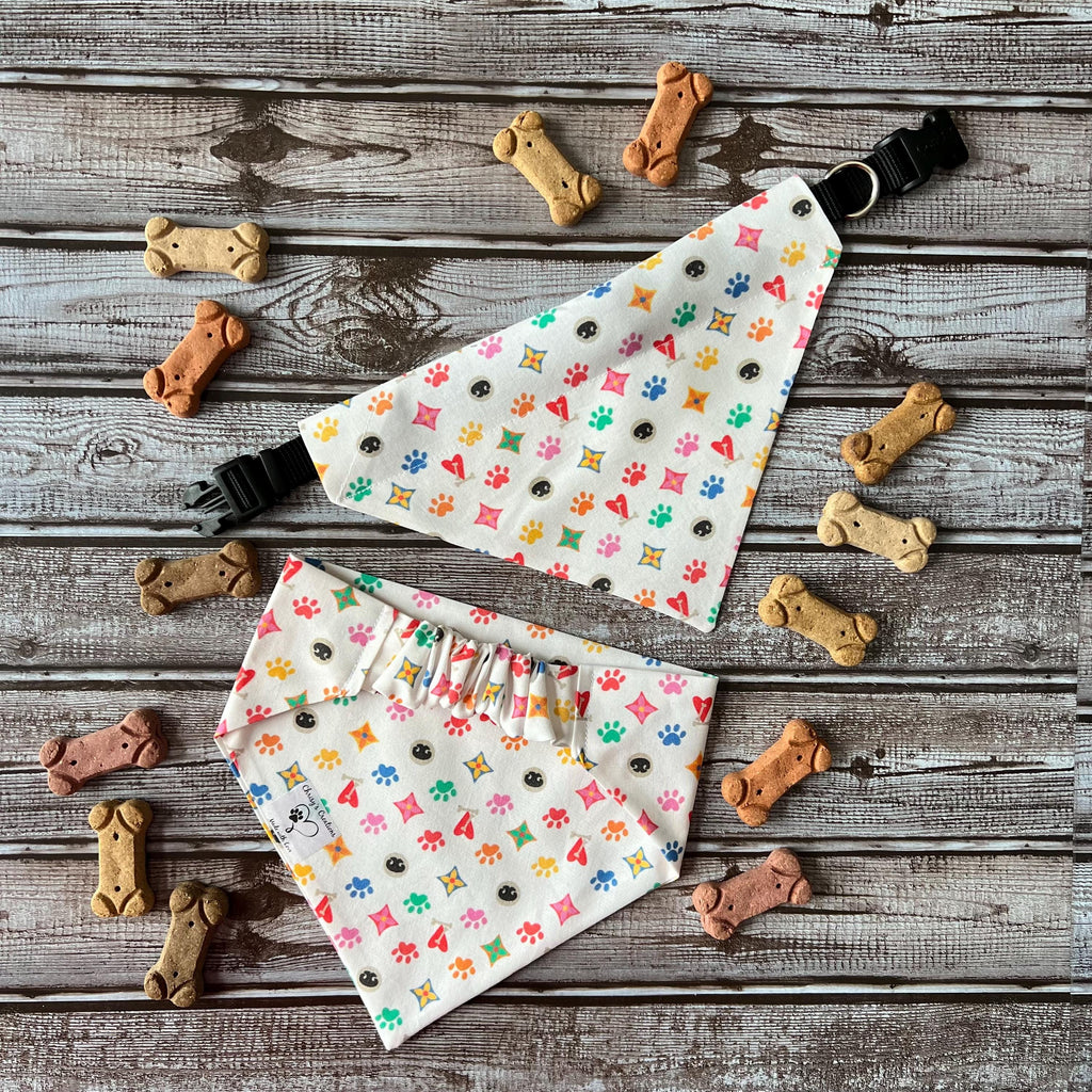 Luxe Couture Louis Dog Bandana:  Over the Collar and Scrunchie Multi Color Small Print White