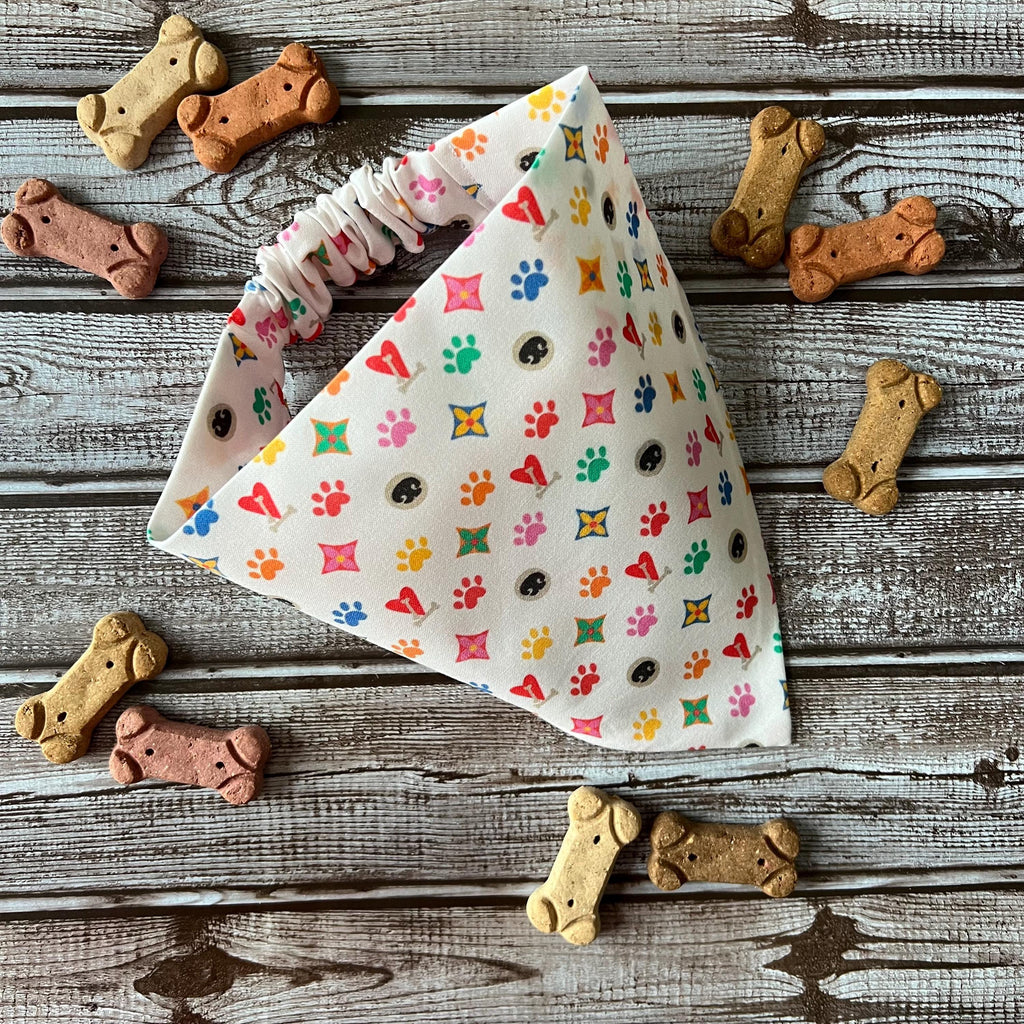 Luxe Couture Louis Dog Bandana:  Over the Collar and Scrunchie Multi Color Small Print White