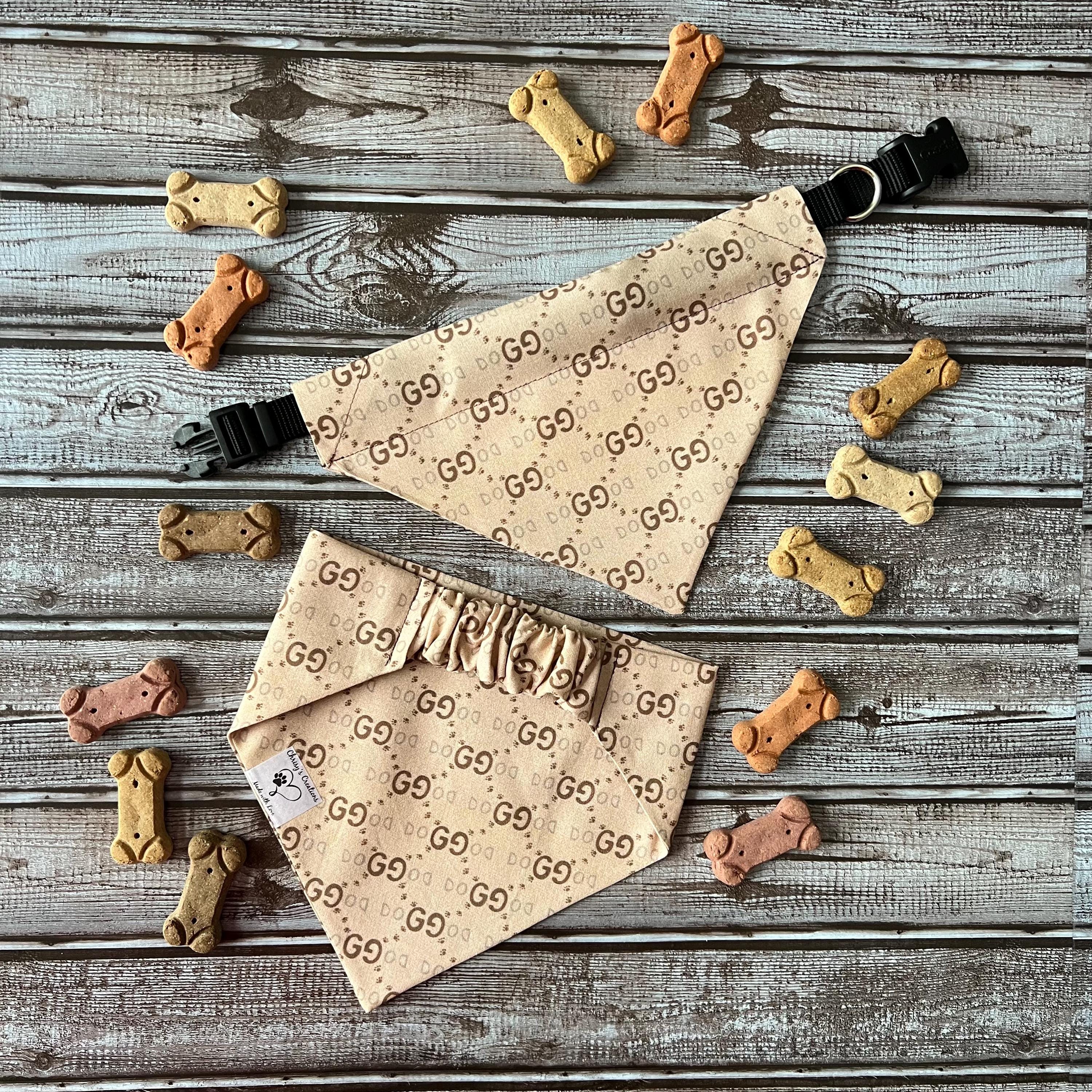 Luxe Couture GG Dog Bandana: Tan and Brown Over Collar or Scrunchie
