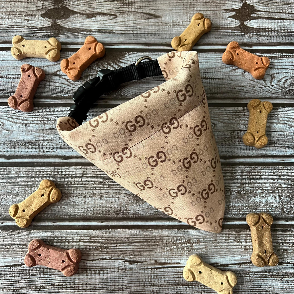 Luxe Couture GG Dog Bandana: Tan and Brown Over Collar or Scrunchie
