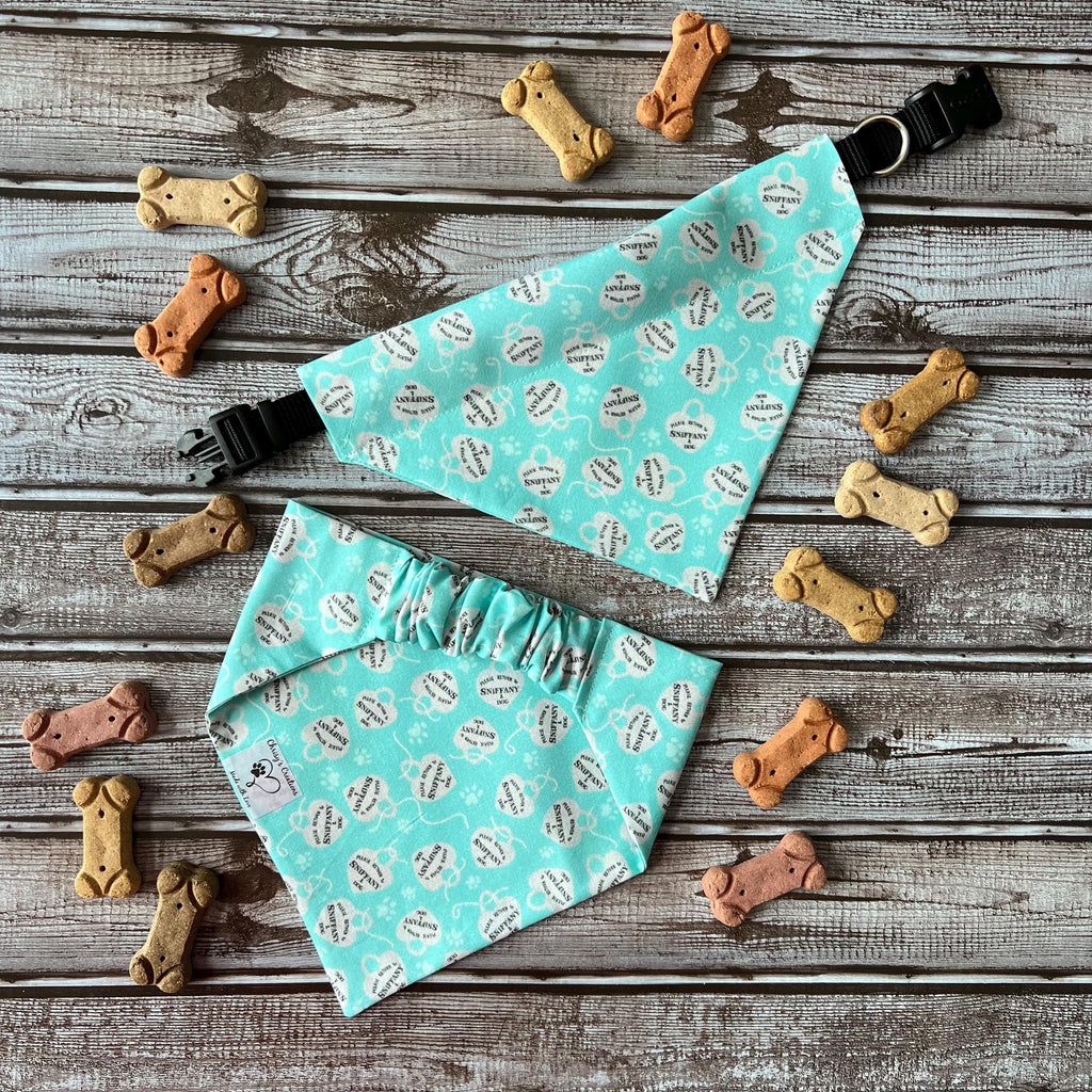 Luxe Couture Sniffany Dog Bandana: Over the Collar and Scrunchie Turquoise Heart Charm