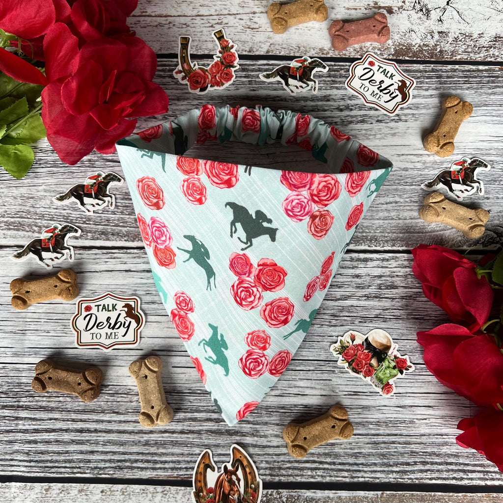 Derby Run for Roses Horse Racing Teal Dog Bandana: Scrunchie Kentucky