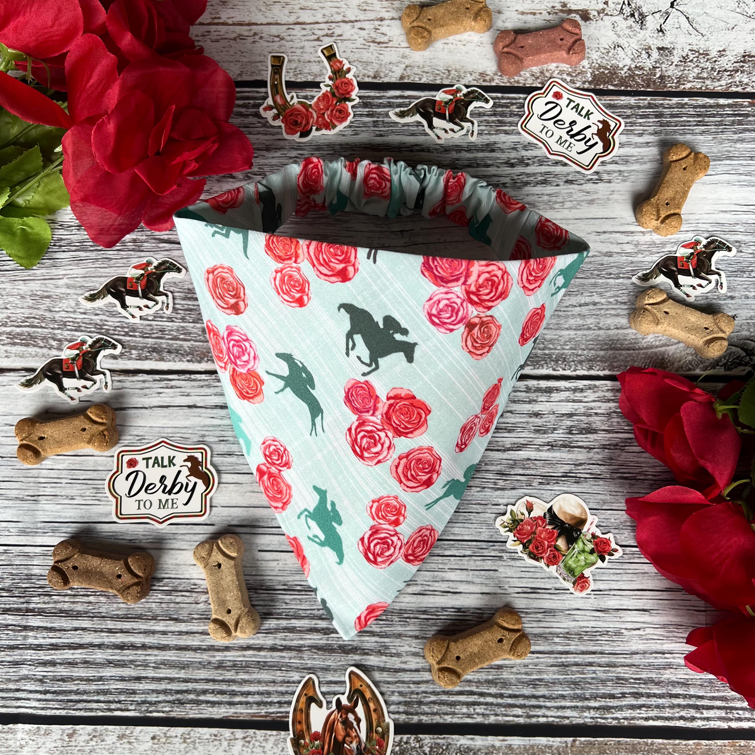 Derby Run for Roses Horse Racing Teal Dog Bandana: Scrunchie Kentucky