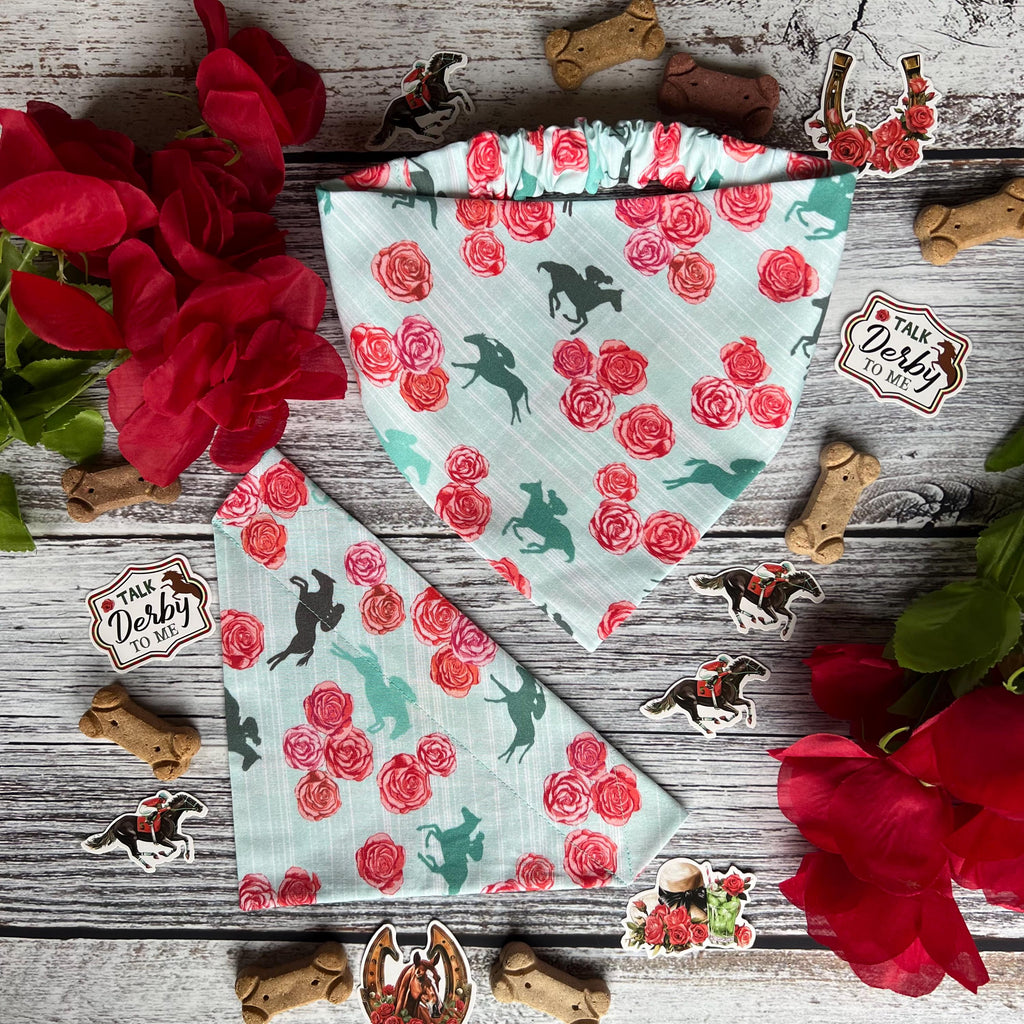 Derby Run for Roses Horse Racing Teal Dog Bandana: Scrunchie Kentucky