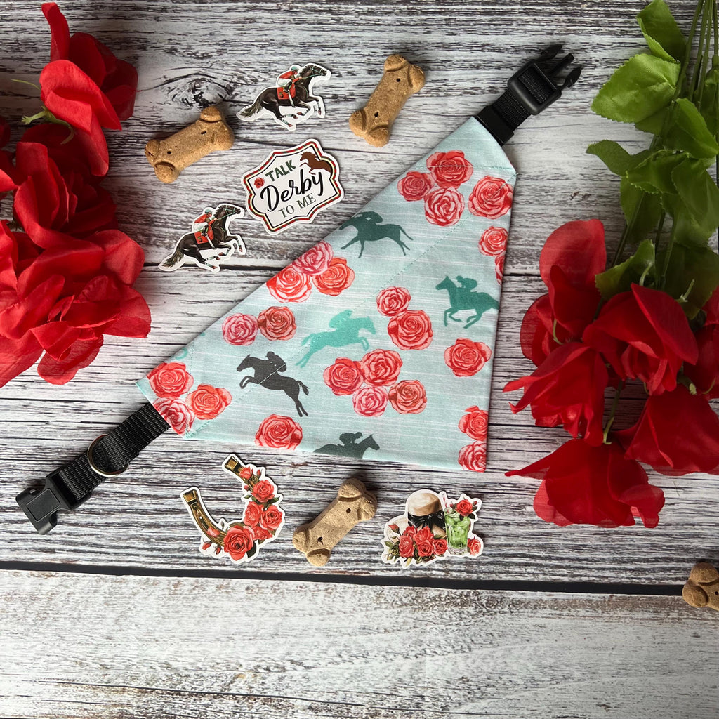 Derby Run for Roses Horse Racing Teal Dog Bandana: Scrunchie Kentucky