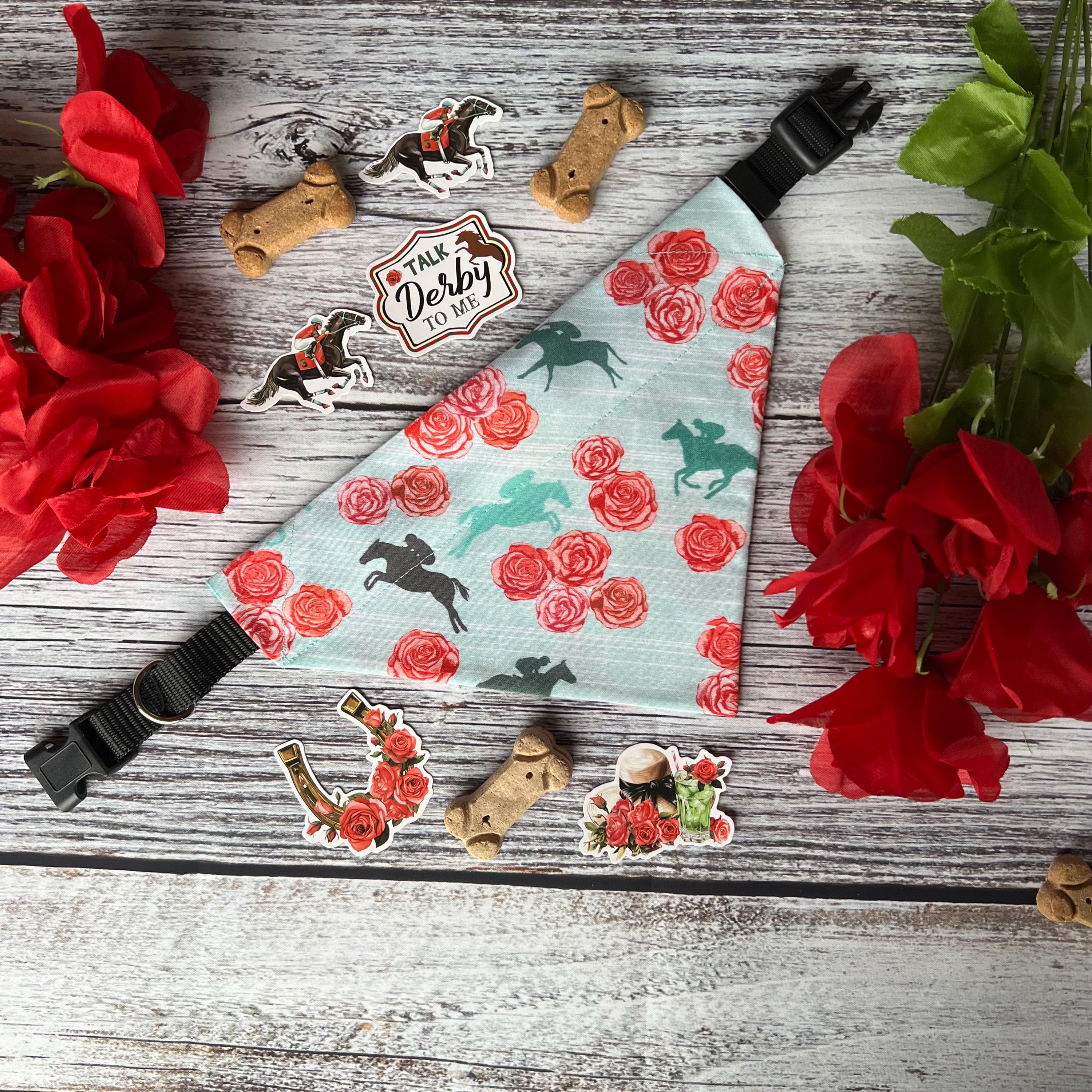 Derby Run for Roses Horse Racing Teal Dog Bandana: Scrunchie Kentucky