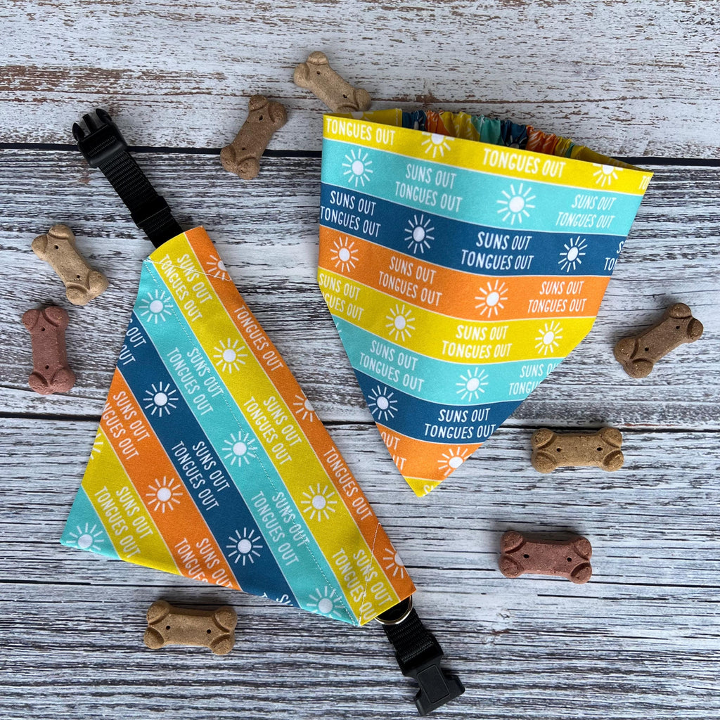 Suns Out Tongues Out Dog Bandana: Teal Orange Yellow Blue Over the Collar & Scrunchie