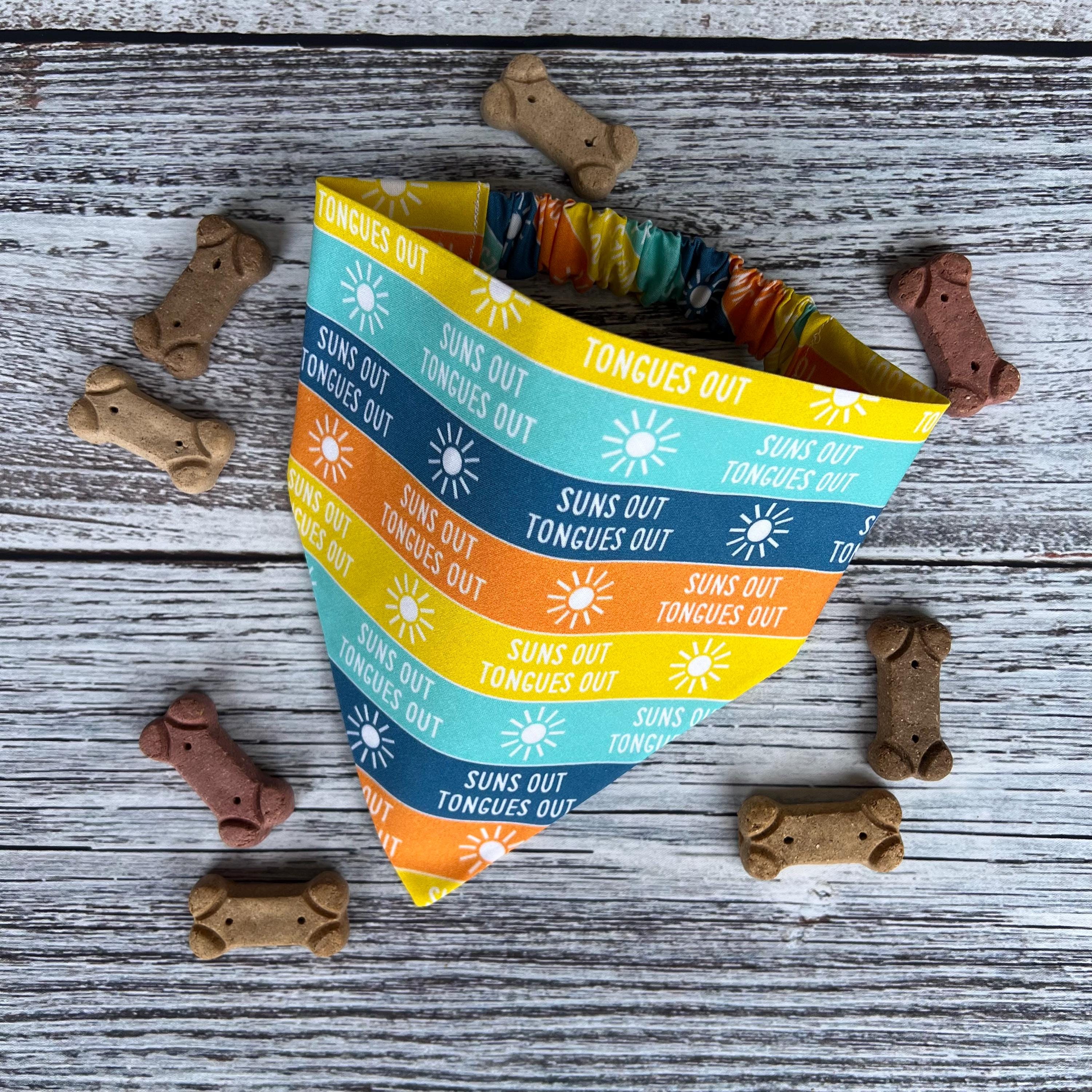 Suns Out Tongues Out Dog Bandana: Teal Orange Yellow Blue Over the Collar & Scrunchie