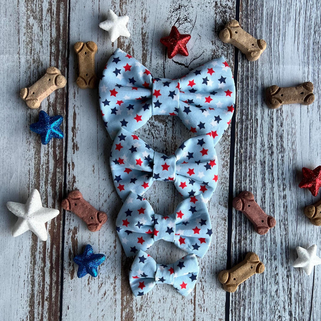 Patriotic Dog Bow Tie: Red White Blue Stars, Over the Collar