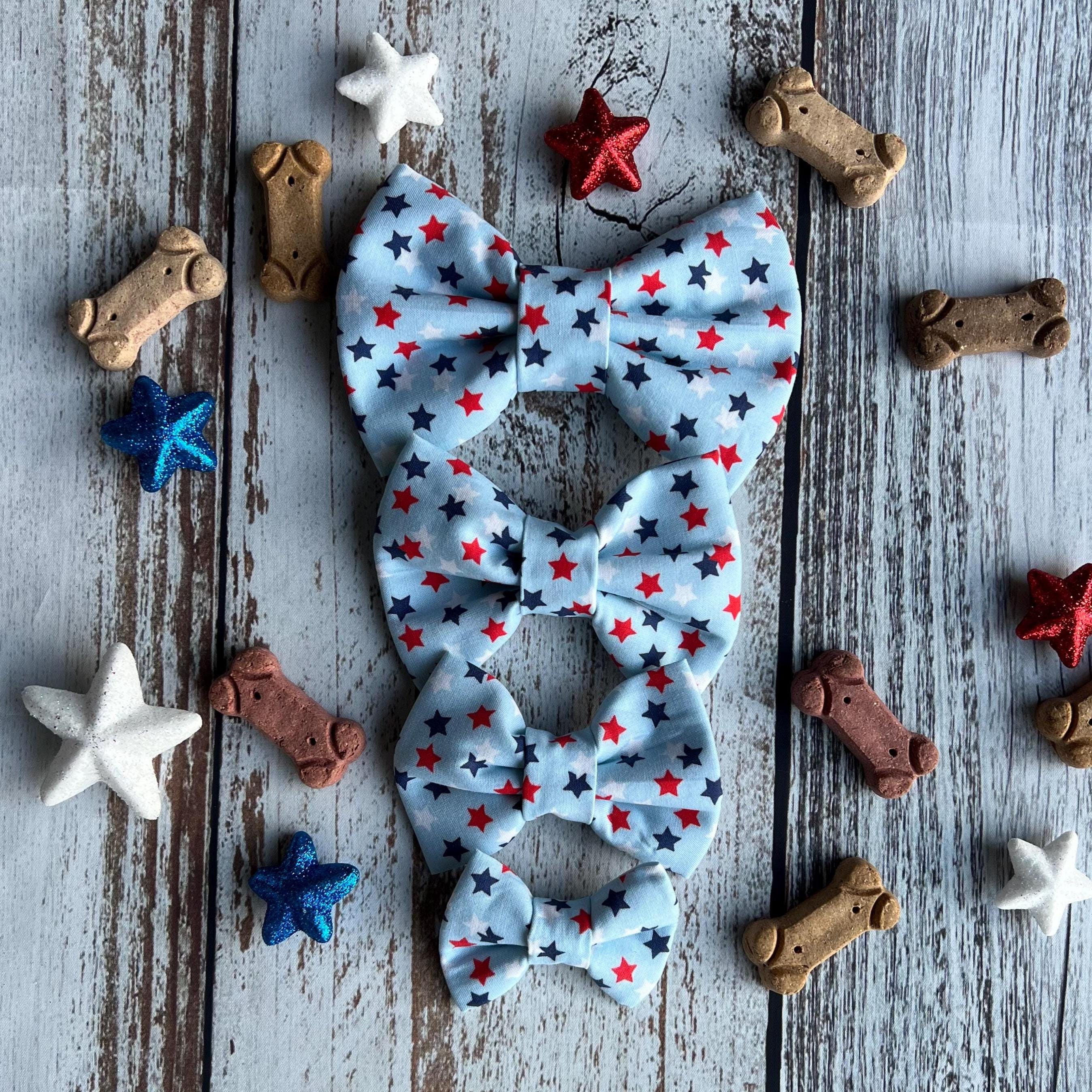 Patriotic Dog Bow Tie: Red White Blue Stars, Over the Collar