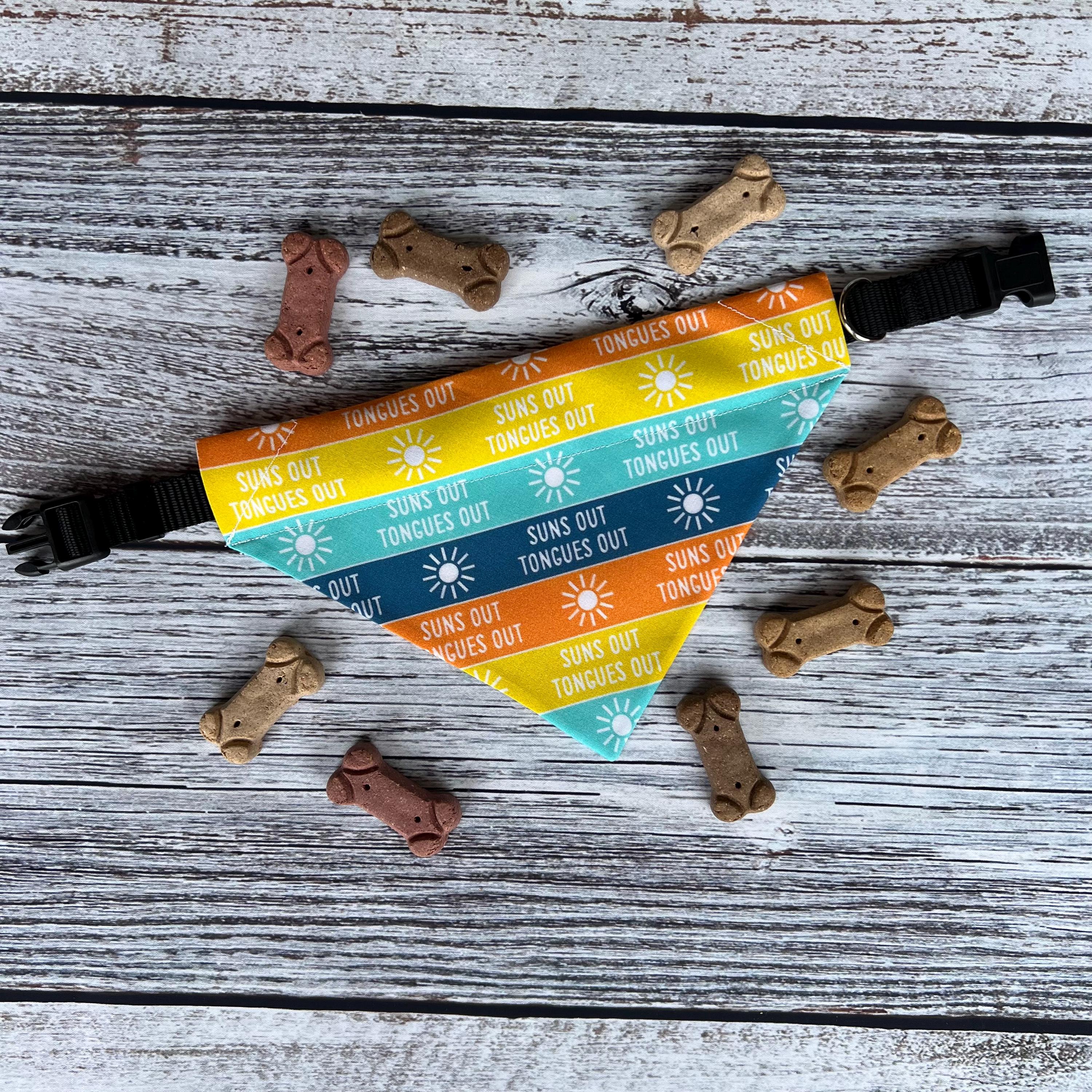 Suns Out Tongues Out Dog Bandana: Teal Orange Yellow Blue Over the Collar & Scrunchie