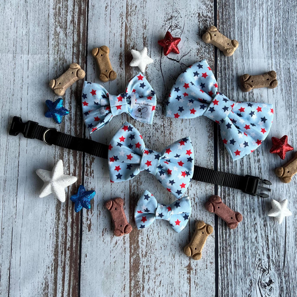 Patriotic Dog Bow Tie: Red White Blue Stars, Over the Collar