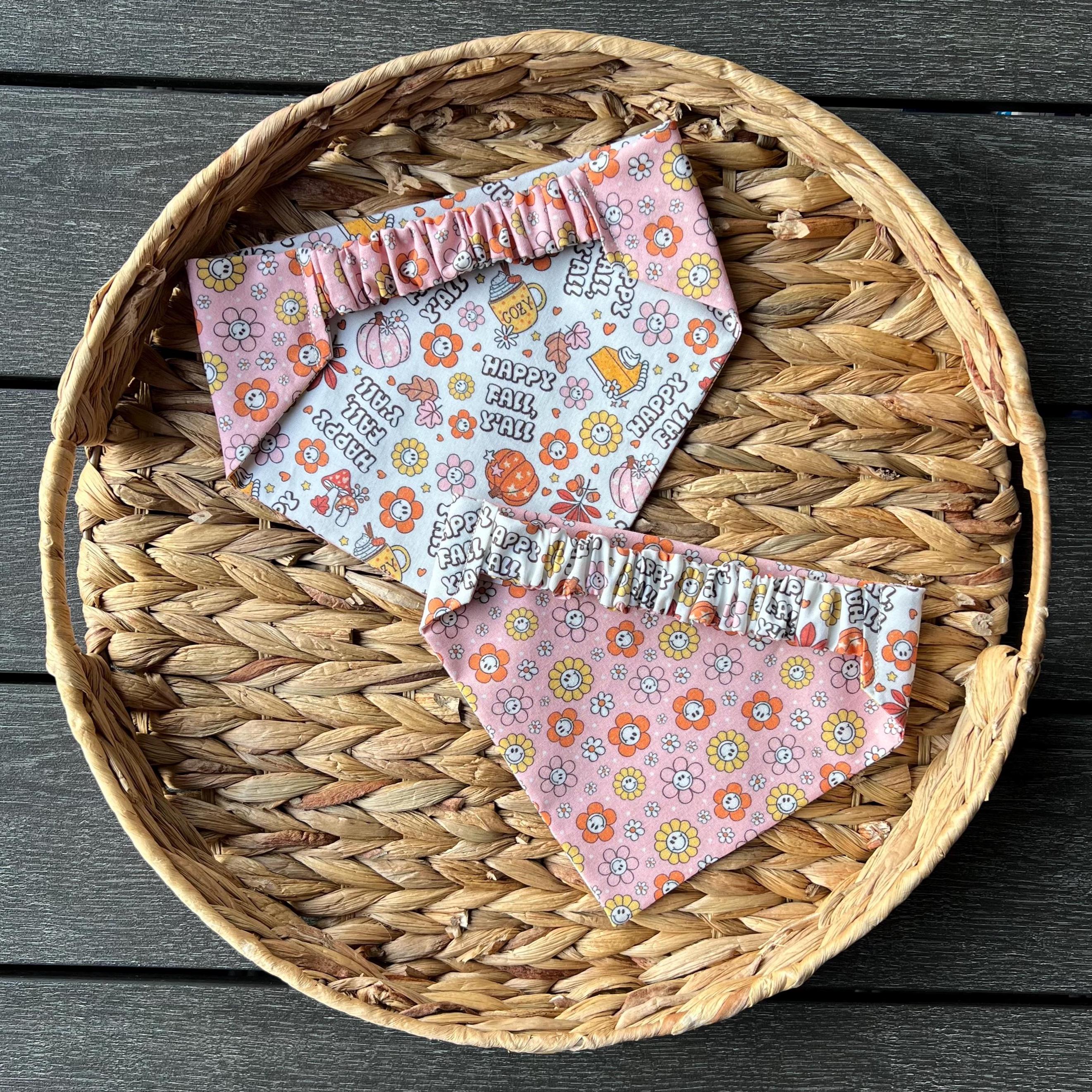 Fall Dog Bandana: Happy Fall Y'all Reversible Scrunchie with Pumpkins, Leaves & Flowers