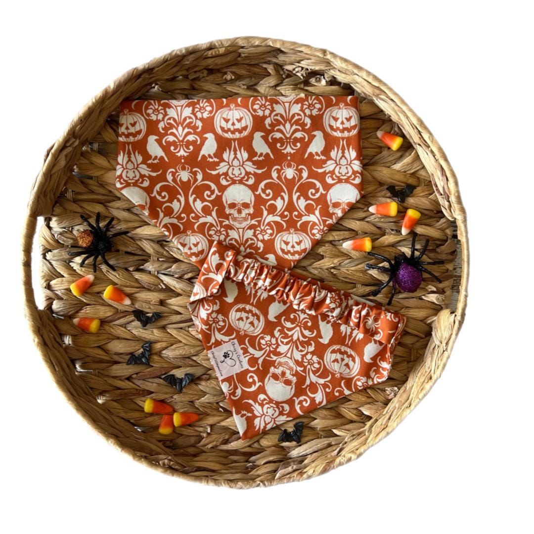 Halloween Haunted Mansion Dog Bandana Scrunchie: Spooky Jack-O-Lanterns, Crows, Skulls Goth Pumpkins