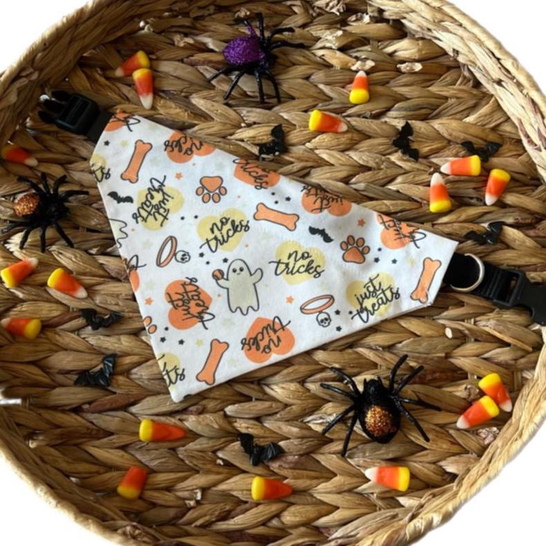 Halloween Ghosts Dog Bandana: No Tricks, Just Treats Over the Collar & Scrunchie